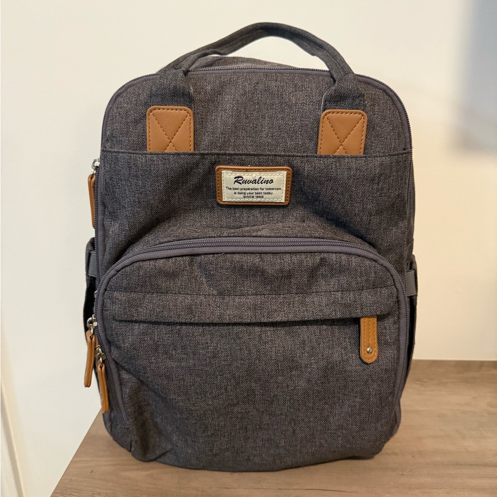 Gray and Brown Backpack Diaper Bag Excellent Condition with Leather  Accents